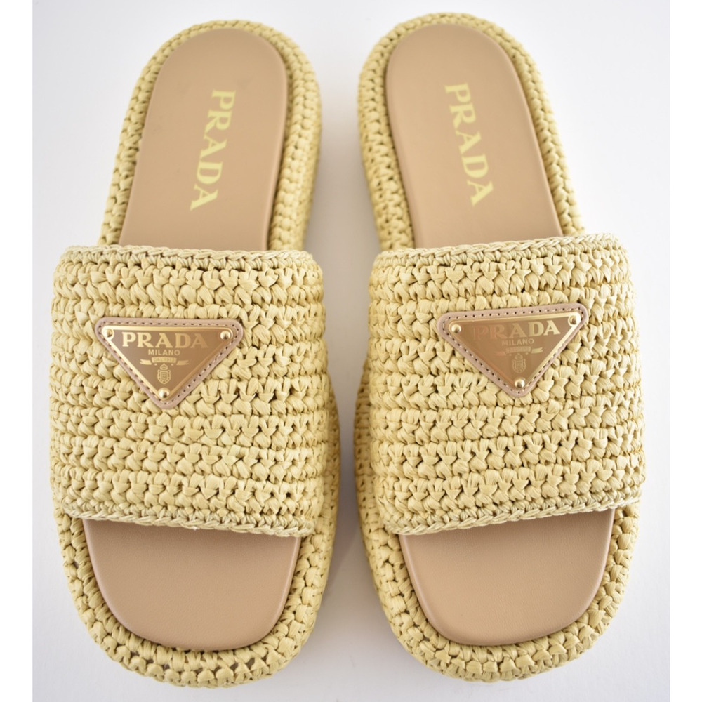 Prada Crochet Raffia Platform Slide Natural Beige Logo Mule Wedge Sandal 40 - Picture 12 of 16